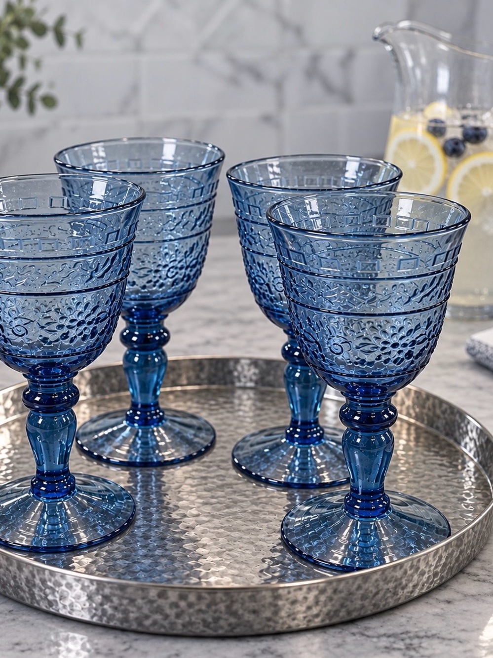 Mikasa Cobalt Blue Pressed Glass Goblets - Set of 4